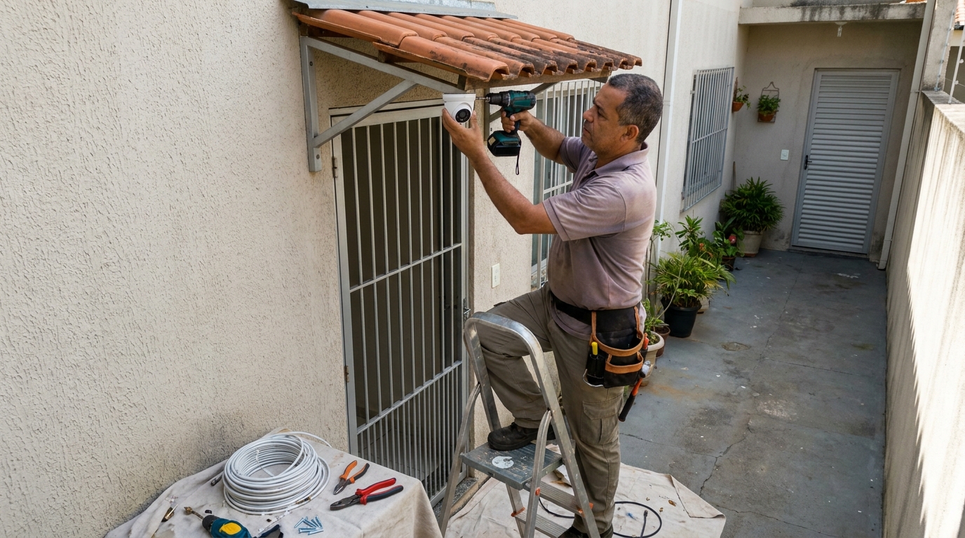 Eletricista instalando cameras de seguranca em Passo Fundo‑RS