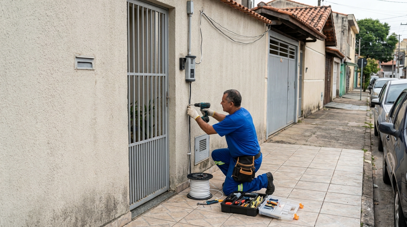 Eletricista instalando interfone em Passo Fundo‑RS